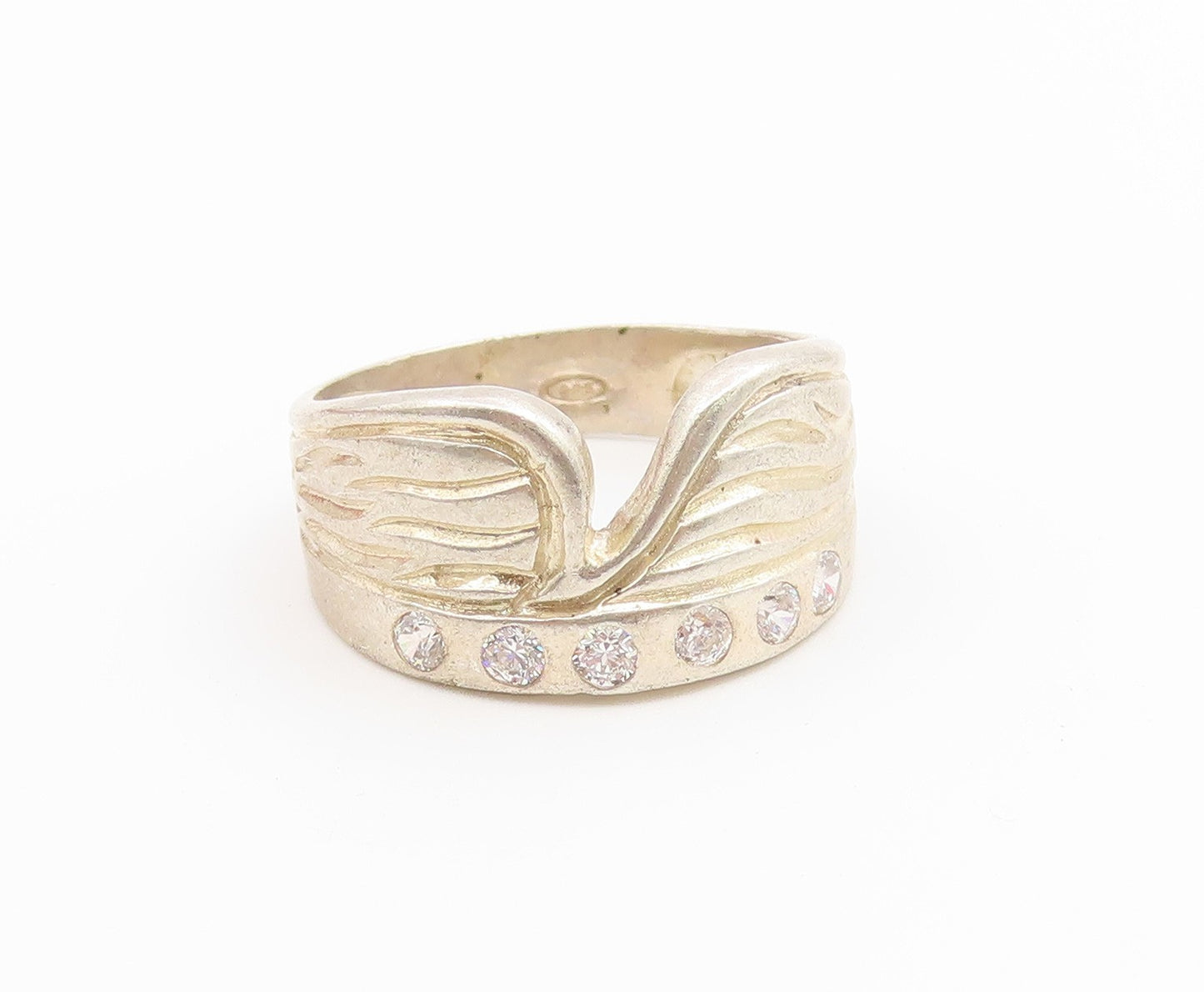 925 Sterling Silver Vintage Ring CZ Carved Celestial Wing Band  Sz 8  RG36924