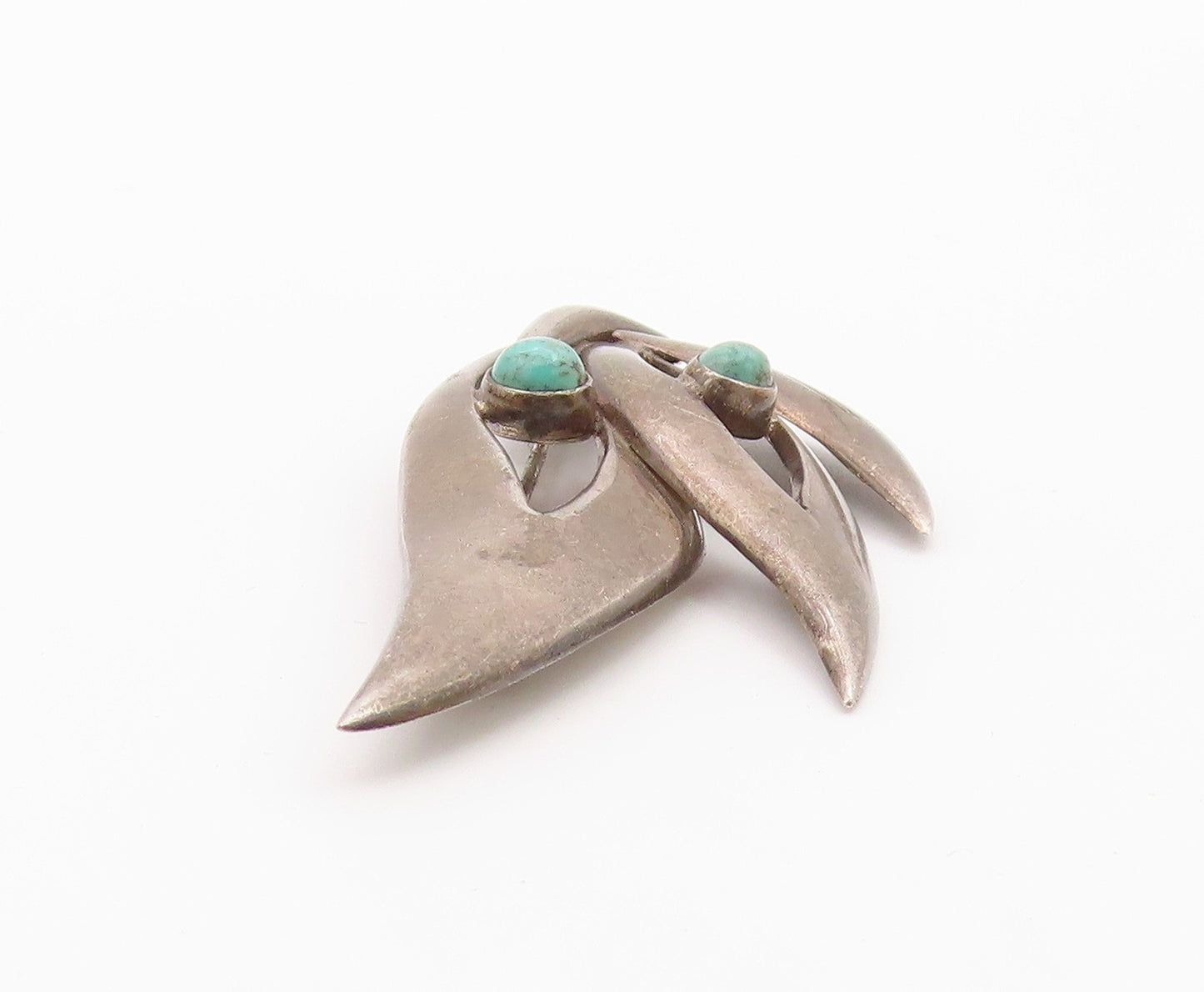 MEXICO 925 Silver  Vintage Tri Cutout Leaf Beaded Turquoise Brooch Pin BP10398