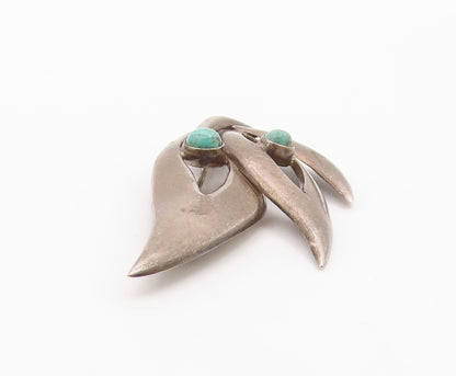 MEXICO 925 Silver  Vintage Tri Cutout Leaf Beaded Turquoise Brooch Pin BP10398