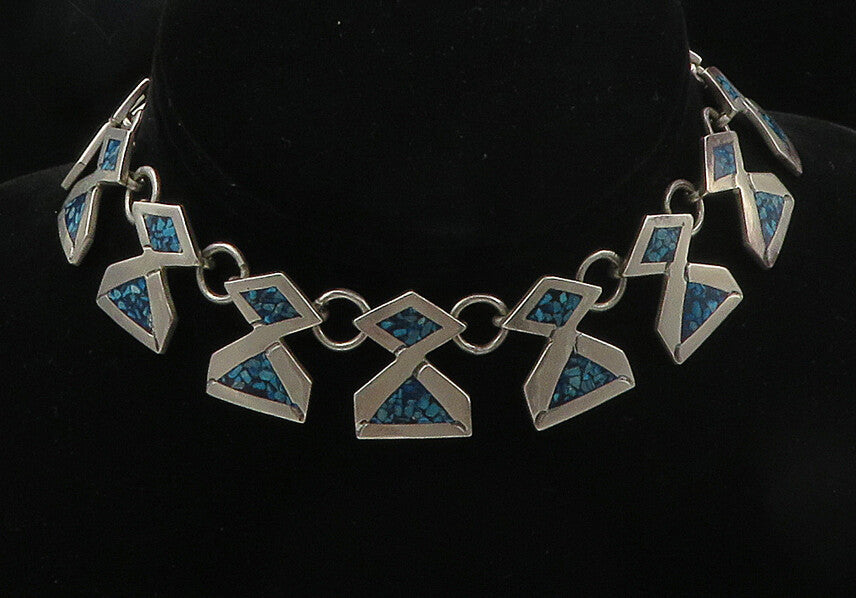 LVR TAXCO MEXICO 925 Sterling Silver Vintage Inlaid Stone Chain Necklace  NE2763