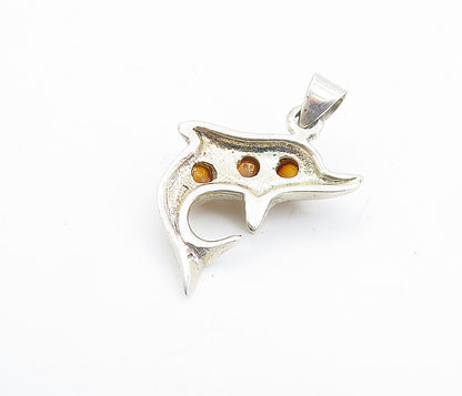 925 Sterling Silver Vintage Petite Amber Dolphin 3 Stone Drop Pendant PT5513