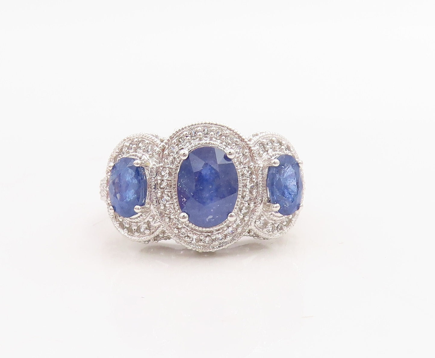 925 Sterling Silver Vintage Ring Oval Sapphire Halo CZ Inlay  Sz 7  RG30743