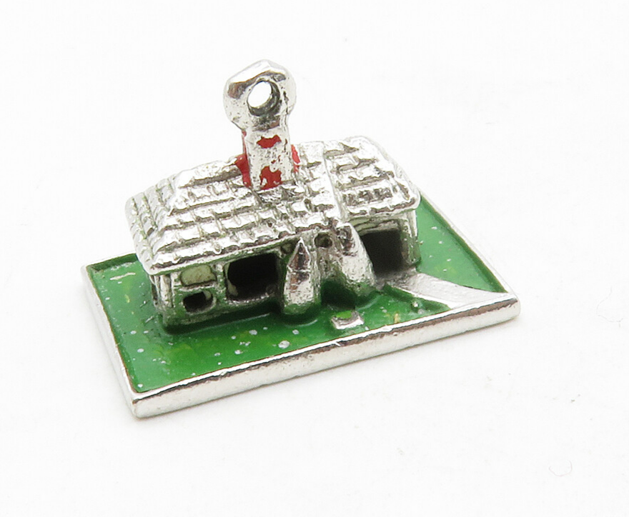 925 Sterling Silver  Vintage Enamel Detail House & Lawn Motif Pendant  PT10045