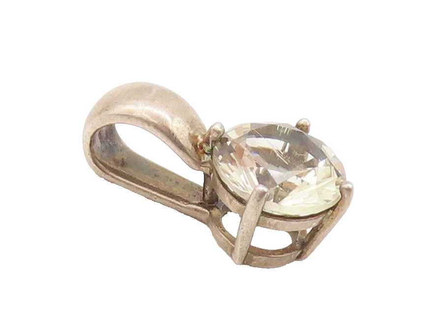 925 Sterling Silver Vintage Pendant Minimalist Single Stone Round Topaz  PT22631