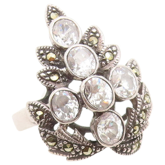 925 Sterling Silver Vintage Ring Topaz & Marcasite Floral Band  Sz 7  RG36745