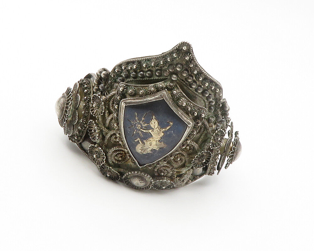 SIAM 925 Silver  Vintage Antique Enamel Dancer Shield Cuff Bracelet  BT5693