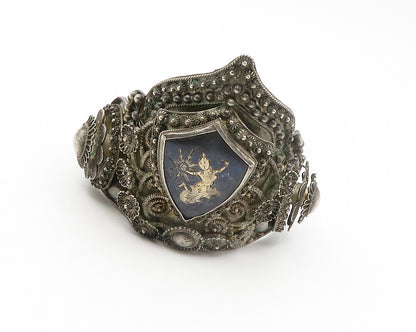 SIAM 925 Silver  Vintage Antique Enamel Dancer Shield Cuff Bracelet  BT5693