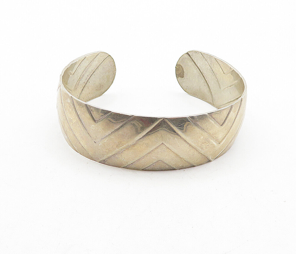 925 Sterling Silver  Vintage Shiny Geometric Pattern Cuff Bracelet  BT1666