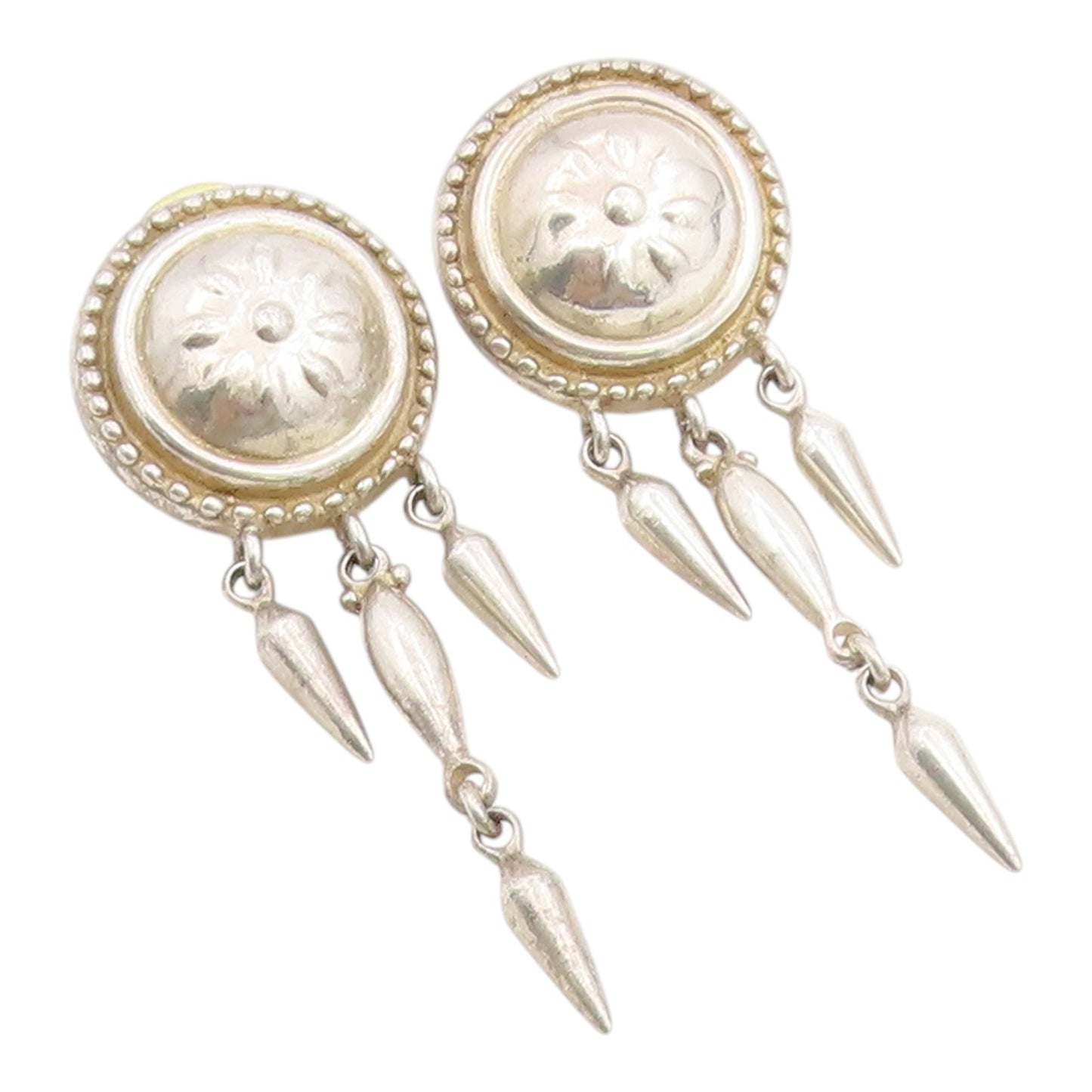 925 Sterling Silver Vintage Earrings Floral Motif Concho Dangle  EG14420