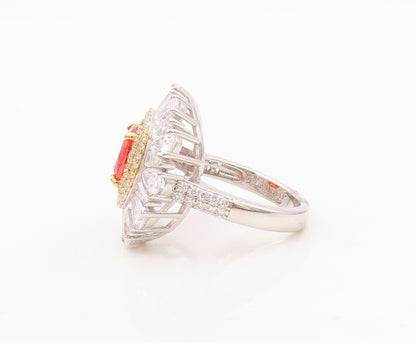925 Sterling Silver Vintage Ring Floral Orange & White CZ Inlay  Sz 7.5  RG30360