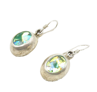 MEXICO 925 Sterling Silver  Vintage Shiny Glass Art Oval Drop Earrings  EG7845