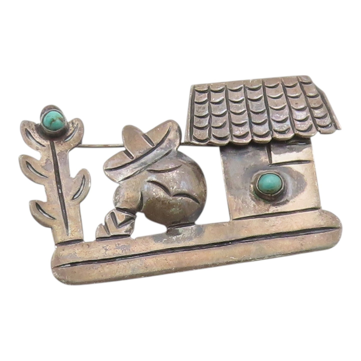 925 Sterling Silver Vintage Brooch MEXICO Turquoise Siesta Scenic Pin  BP12568