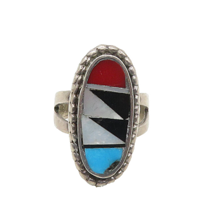 NAVAJO 925 Silver Vintage Mother Of Pearl & Multi Stone Ring Sz 6.5 RG17694