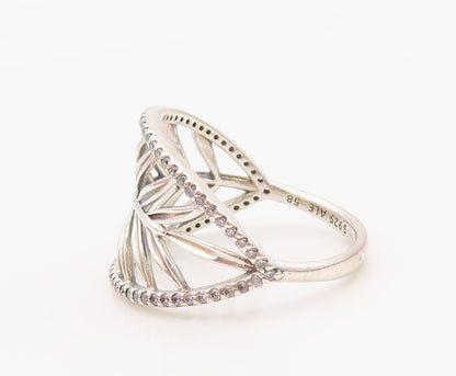 925 Sterling Silver Vintage Ring PANDORA CZ Tropical Palm Leaf  Sz 8.5  RG36280