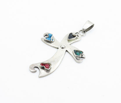 MEXICO 925 Sterling Silver Vintage Multi Stone Religious Cross Pendant PT4337