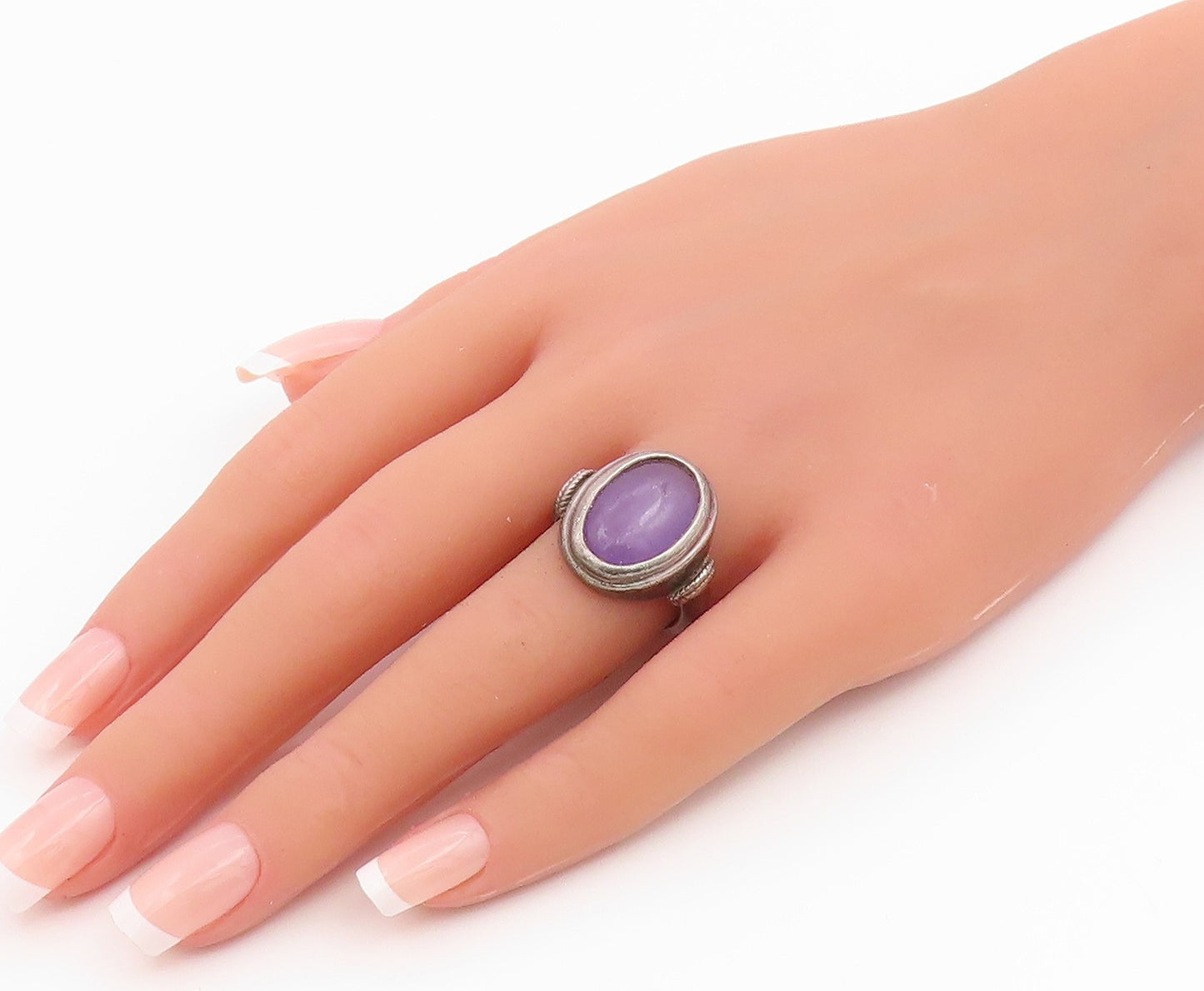 925 Sterling Silver Vintage Ring Cabochon Amethyst Statement Band Sz 6.5 RG35357