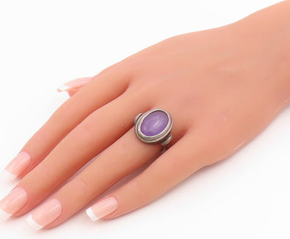 925 Sterling Silver Vintage Ring Cabochon Amethyst Statement Band Sz 6.5 RG35357