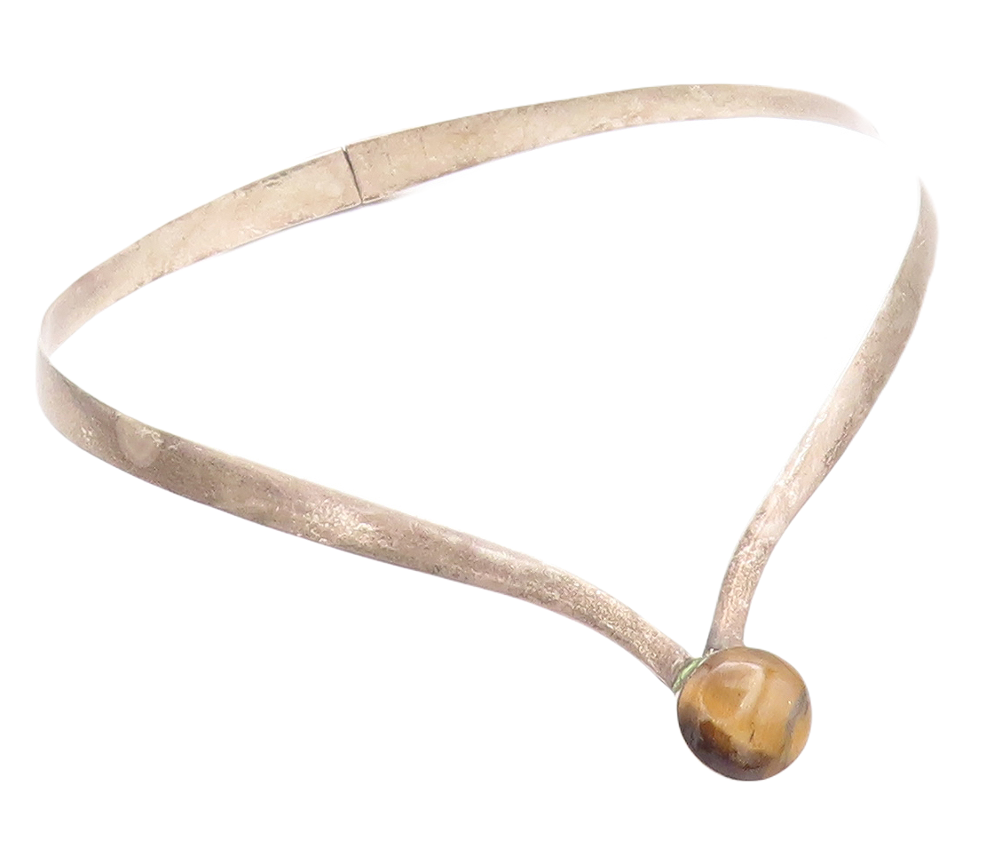 MEXICO 925 Sterling Silver  Vintage Tiger's Eye Smooth Collar Necklace  NE1145