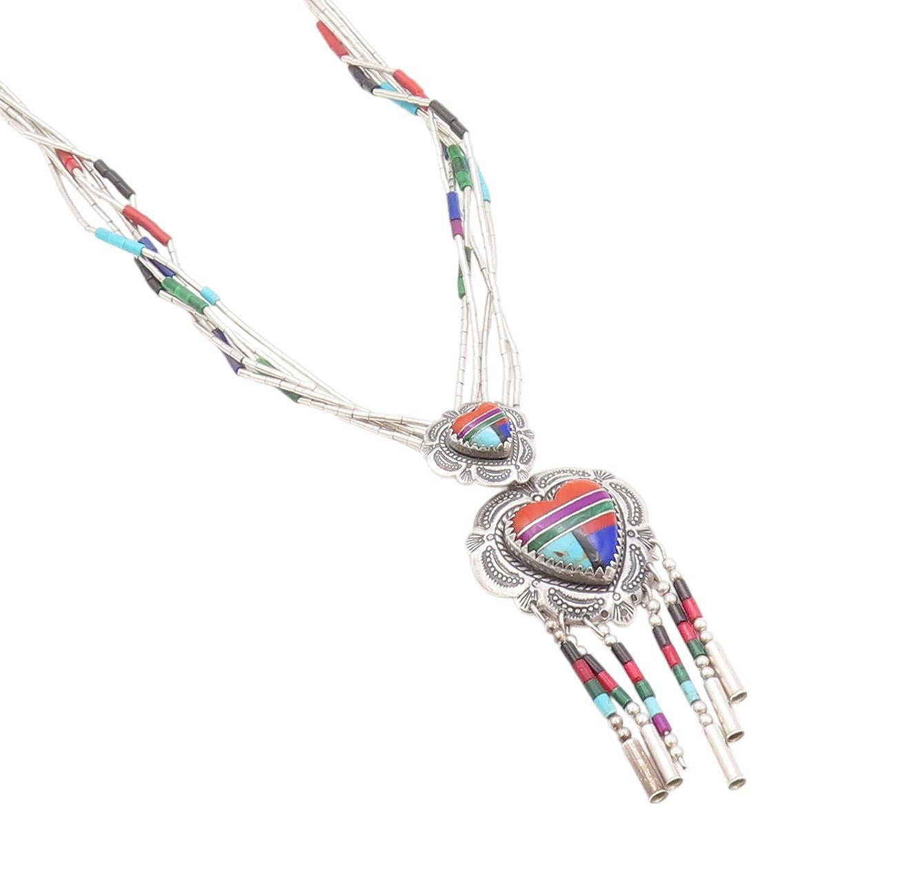 925 Sterling Silver Vintage Necklace NAVAJO Gemstone Tassel Heart  NE4552