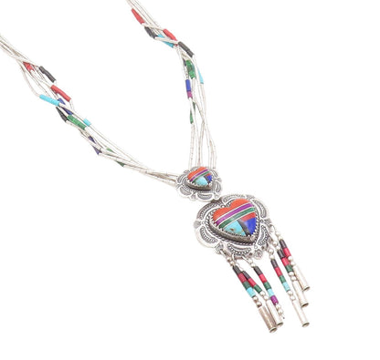925 Sterling Silver Vintage Necklace NAVAJO Gemstone Tassel Heart  NE4552