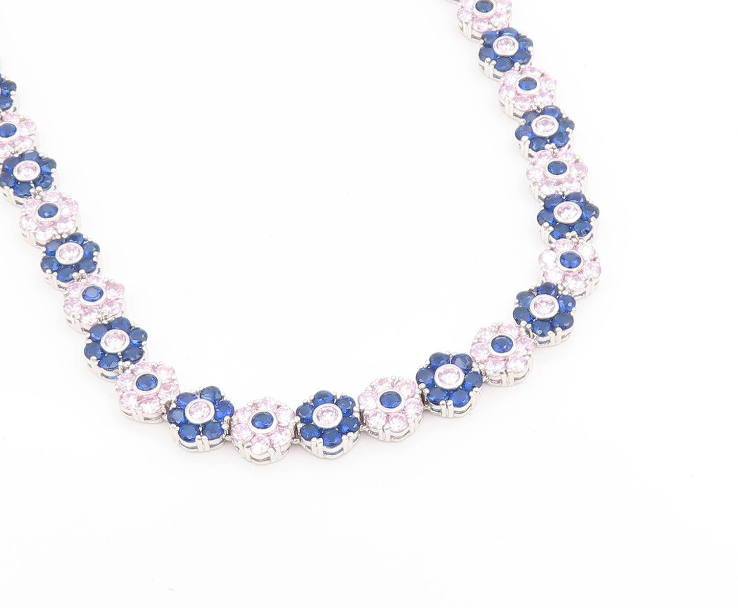 925 Sterling Silver Vintage Necklace Pink & Blue Topaz Floral Link Chain  NE4813
