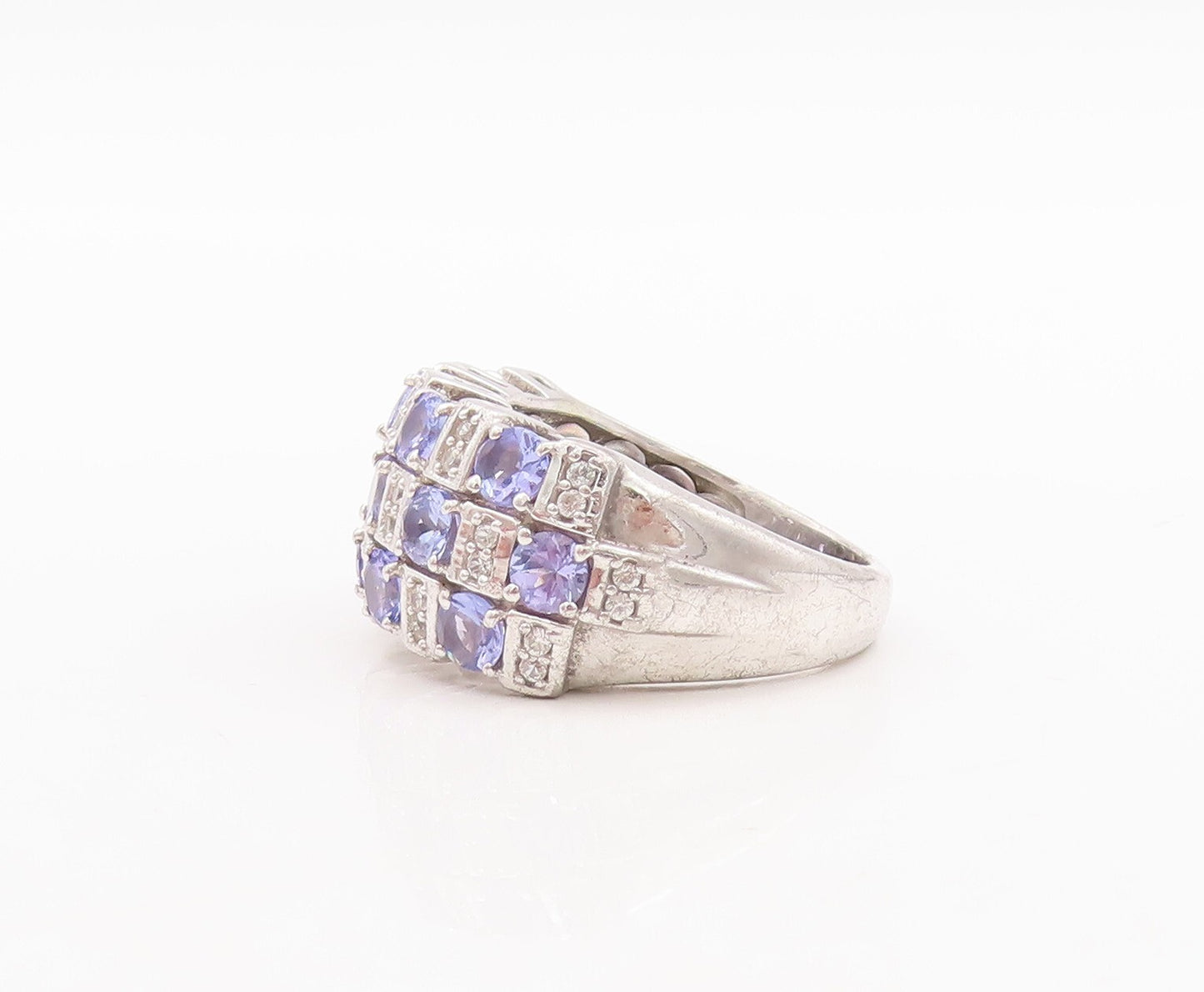 925 Sterling Silver Vintage Ring Box Design Tanzanite & Sapphire Sz 7.5  RG29481