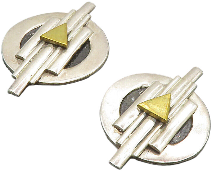 MEXICO 925 Silver  Vintage Two Tone Modernist Non Pierce Earrings  EG4786