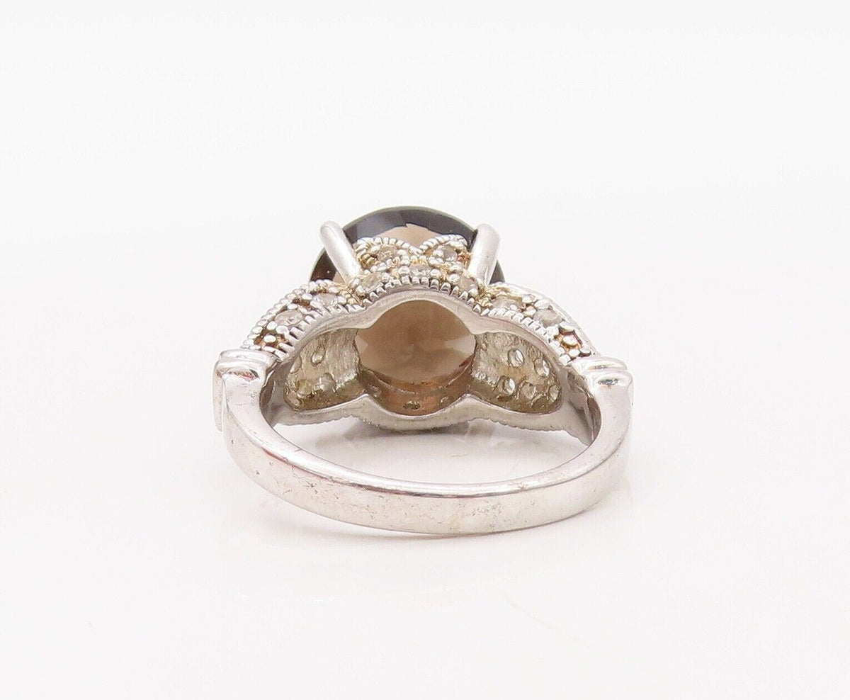 925 Sterling Silver Vintage Ring Round Smoky Quartz Carved Topaz  Sz 7  RG30185