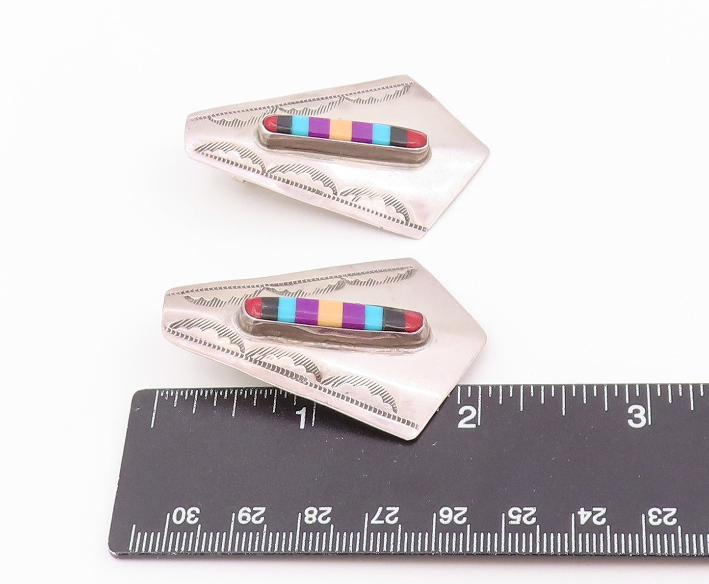 925 Sterling Silver Vintage Earrings SOUITHWESTERN Multi Gemstone Stud  EG14513