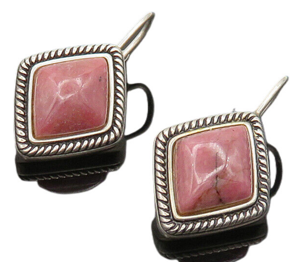 925 Sterling Silver  Vintage Rhodonite Diamond Shape Drop Earrings  EG10073