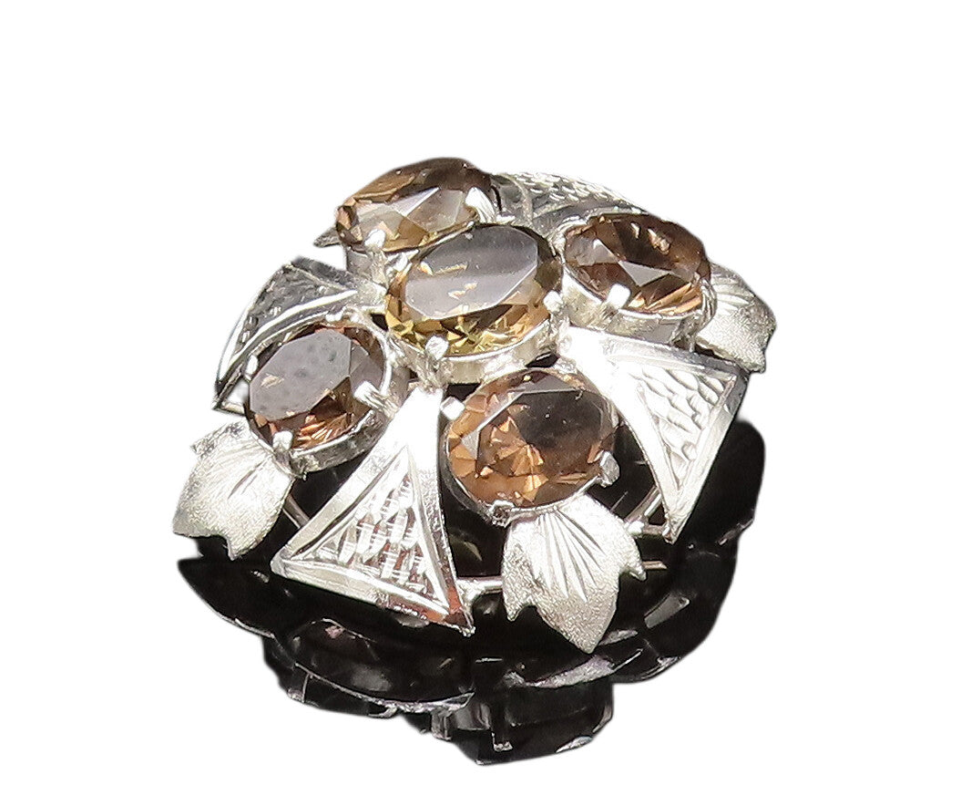 925 Sterling Silver  Vintage Smoky Quartz Leaf Fidget Dome Brooch Pin  BP9648