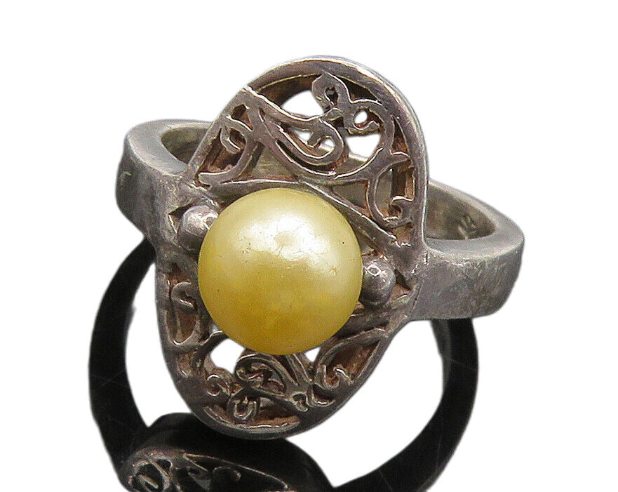 925 Sterling Silver  Vintage Golden Pearl Swirl Vine Band Ring Sz 7  RG15508