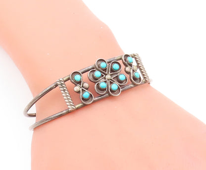 925 Sterling Silver Vintage Bracelet NAVAJO Floral Cutout Turquoise Cuff BT10522