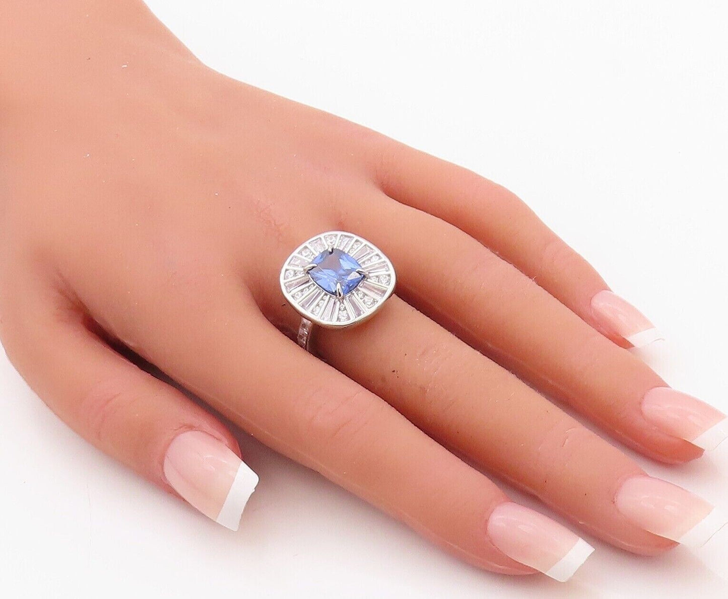 925 Sterling Silver Vintage Ring Blue & White Topaz Floral Inay  Sz 7  RG29931