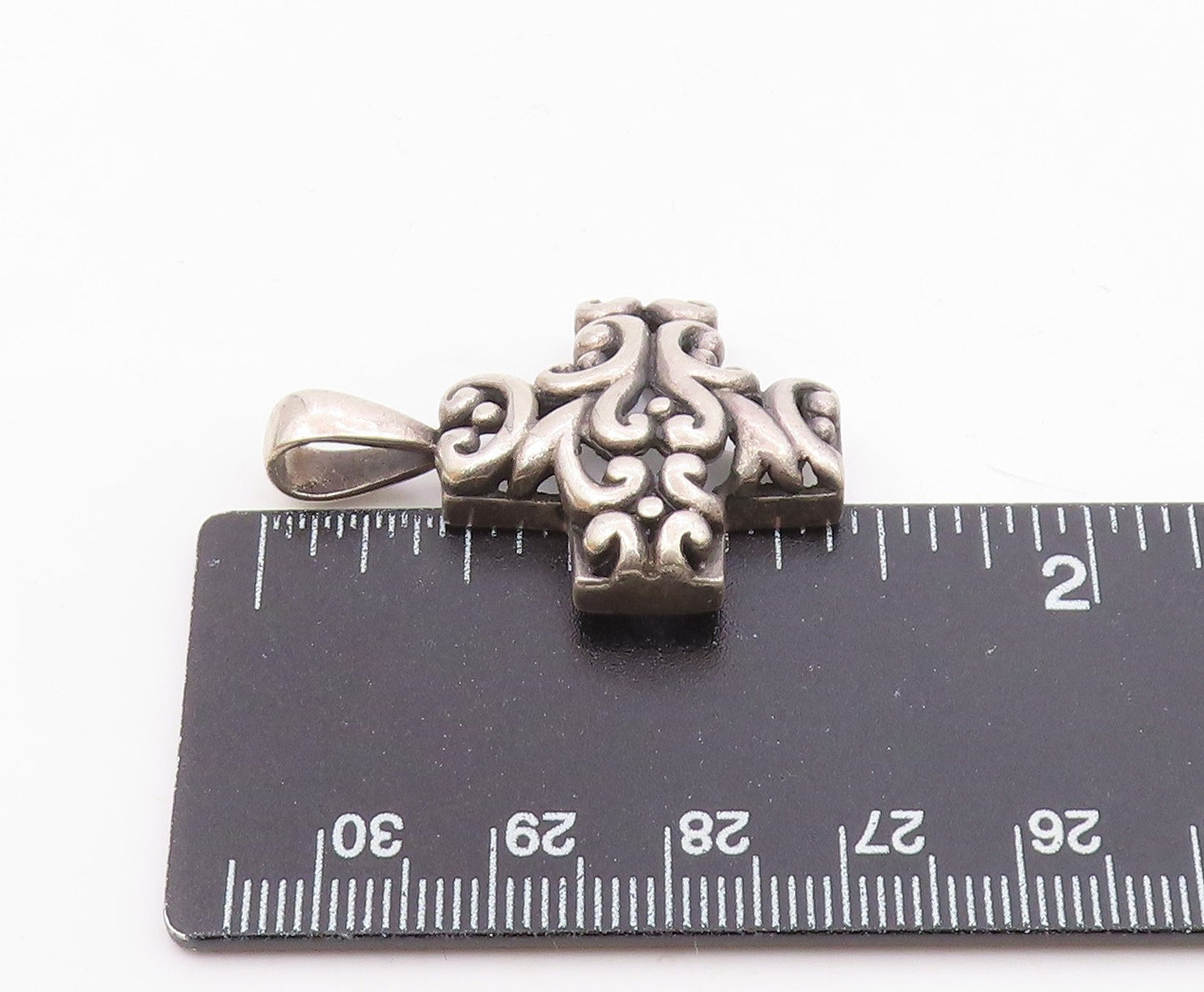 925 Sterling Silver  Vintage Shiny Heart Swirl Pattern Cross Pendant  PT19290