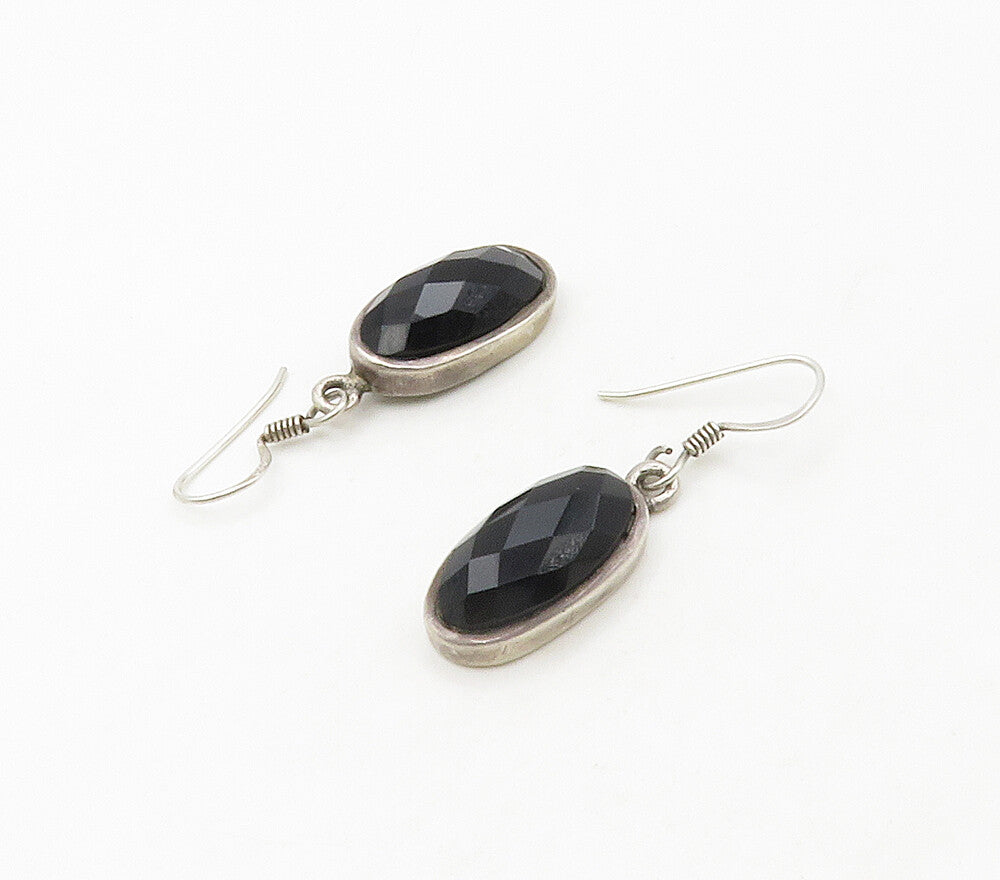 925 Sterling Silver Vintage Faceted Black Hematite Dangle Earrings EG8662