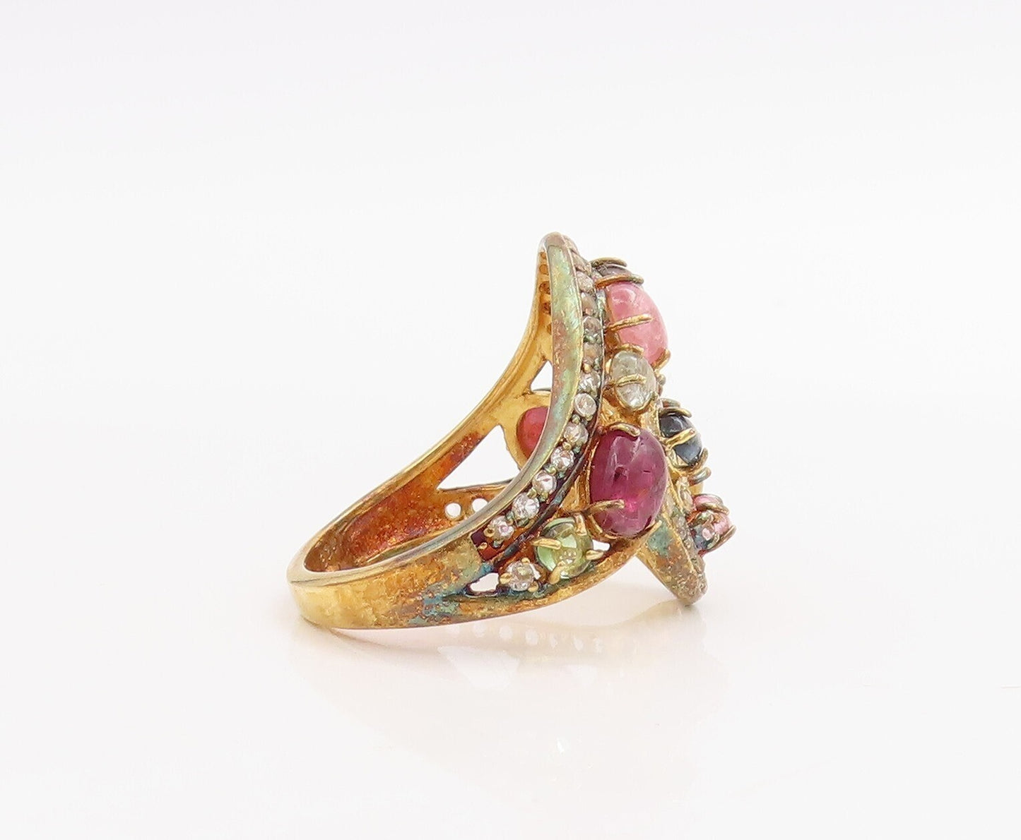 925 Sterling Silver Vintage Ring Gold Plated Cabochon Gemstone  Sz 8  RG30720