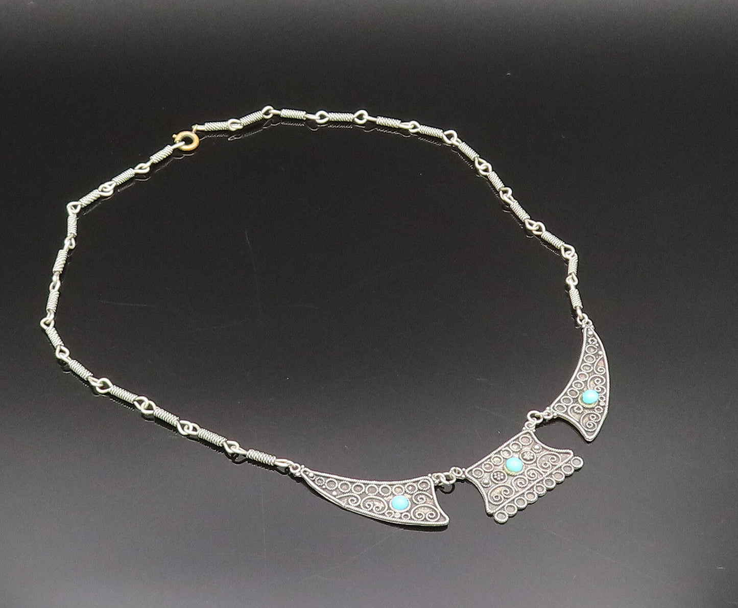 ISRAEL 925 Silver  Vintage Antique Spiral Rope Twist Turquoise Necklace NE3925