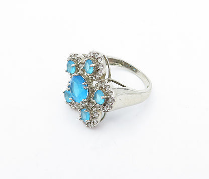 925 Sterling Silver Blue & White Topaz Floral Cocktail Ring Sz 8 RG4113