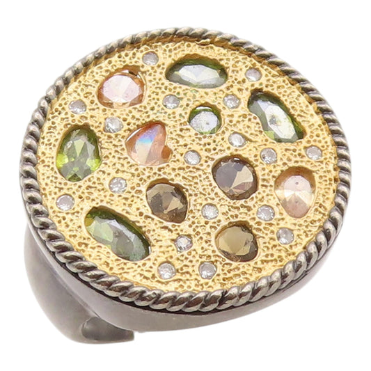 925 Sterling Silver Vintage Ring Two Tone Gemstone Inset Band  Sz 6.5  RG36271