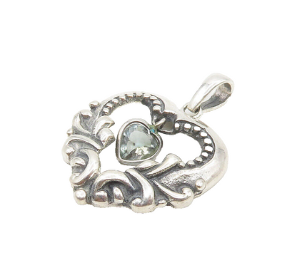 925 Sterling Silver  Vintage Aquamarine Swirl Love Heart Pendant  PT14667