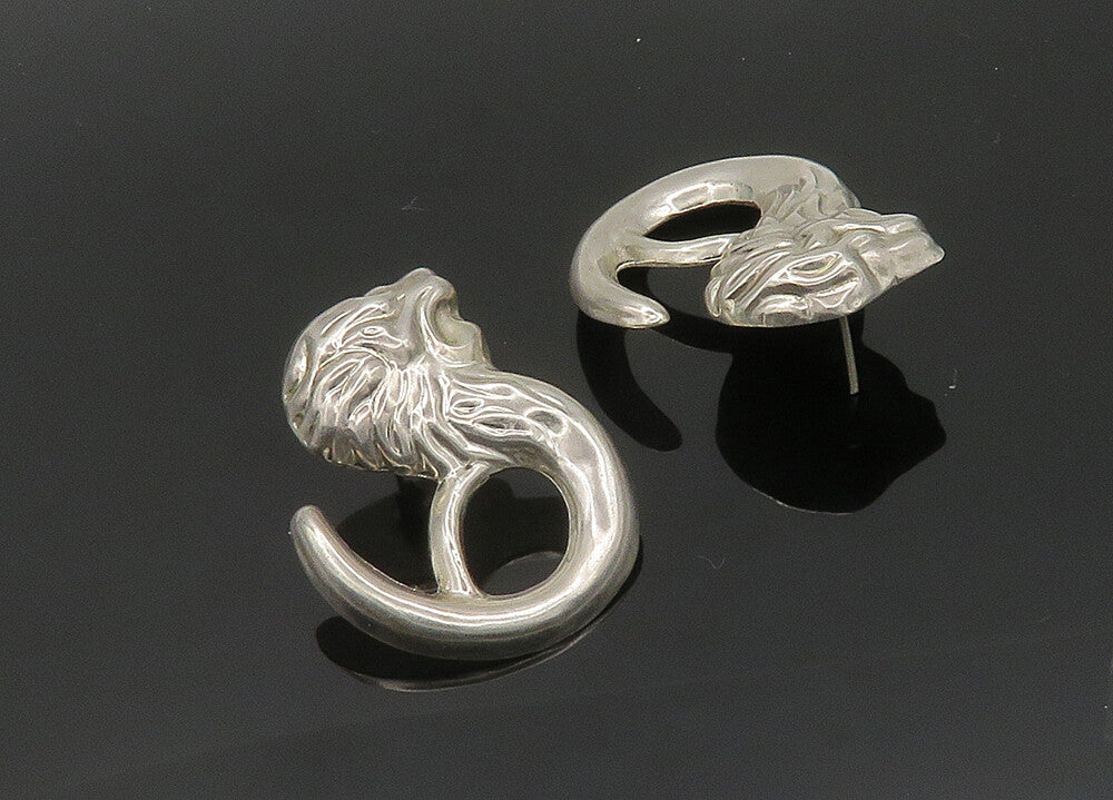 MEXICO 925 Sterling Silver  Vintage Shiny Lion's Head Drop Earrings  EG9943