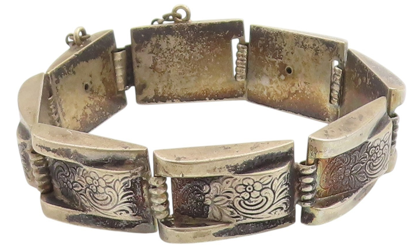 925 Sterling Silver Vintage Bracelet Dark Tone Engraved Floral Panels  BT11417