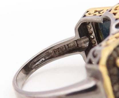 925 Sterling Silver Vintage Ring Diamonds & Blue Gemstones Inlay  Sz 8  RG31070