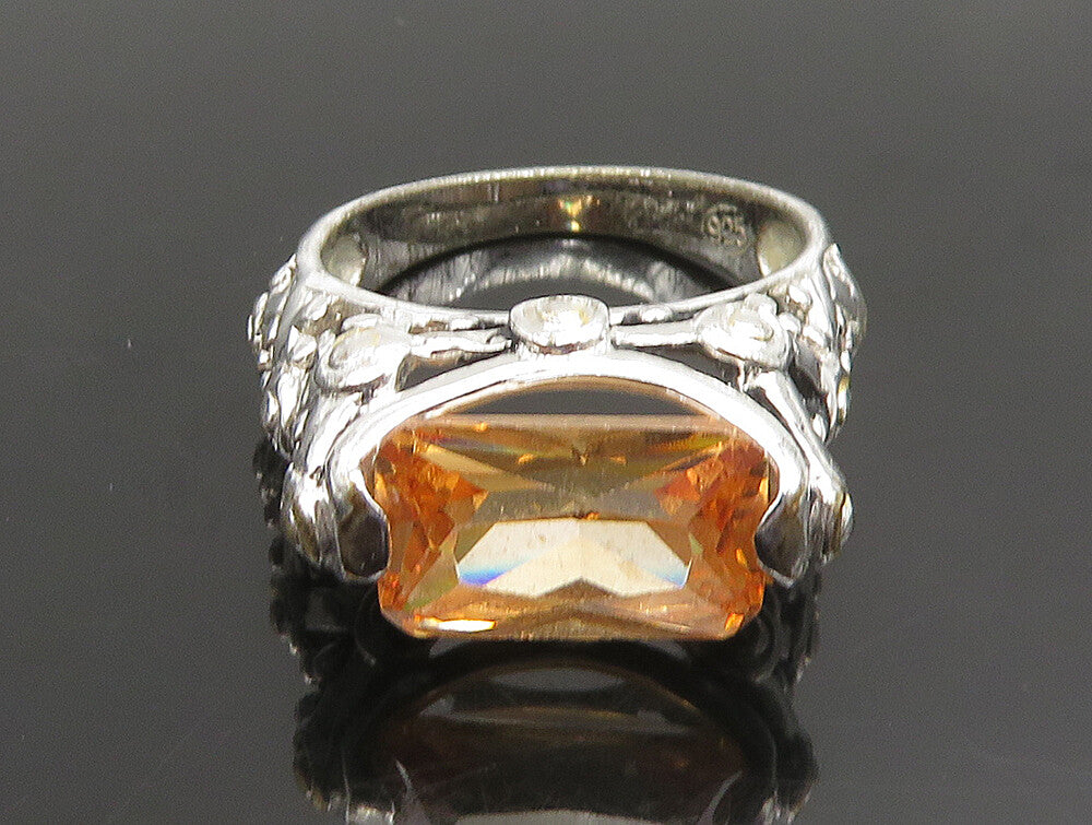 925 Silver  Vintage Orange Cubic Zirconia Beaded Detail Ring Sz 6.5  RG24783