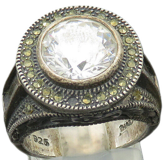 925 Silver  Vintage Cubic Zirconia & Marcasite Cocktail Ring Sz 6  RG20878