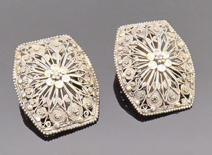 925 Sterling Silver  Vintage Openwork Floral Clip Back Earrings  EG12315