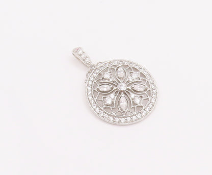 925 Sterling Silver Vintage Pendant Cutout CZ Inlay Carved Flower  PT23078