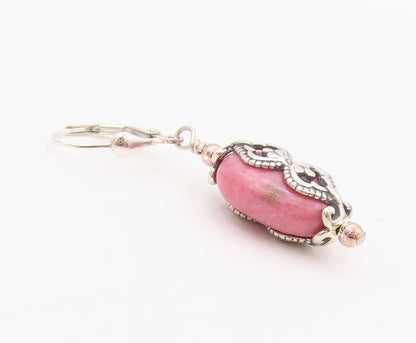 925 Sterling Silver Vintage Earrings Modernist Pink Gemstone Carved  EG13448