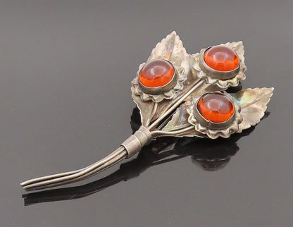 925 Silver  Vintage Cabochon Citrine Flower & Leaf Bouquet Brooch Pin  BP10268